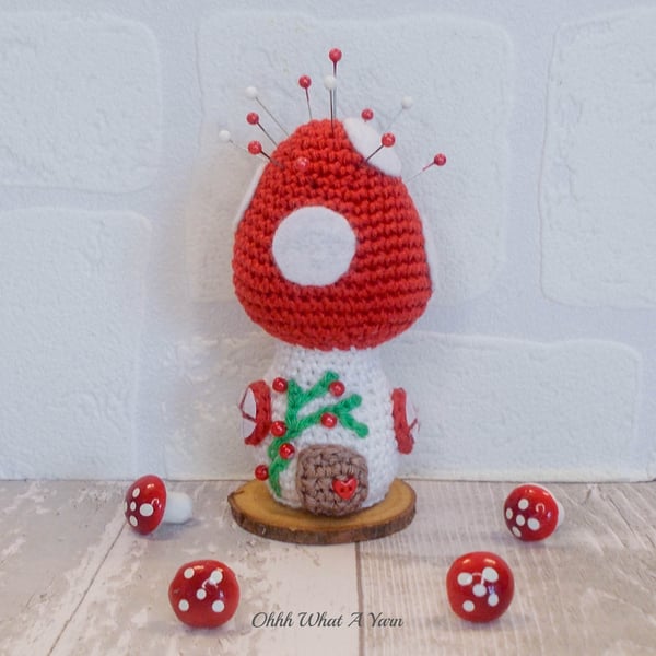 Crochet red toadstool fairy house ornament, decoration, pincushion