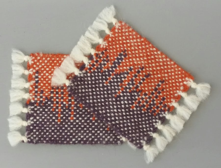 Hand Woven Wool Coasters - Set of 2, dark purple and orange