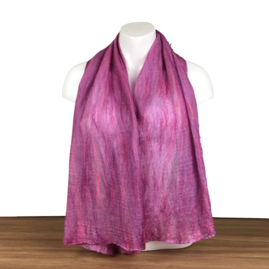 Gift boxed nuno felted scarf in pink and lilac, merino wool on silk