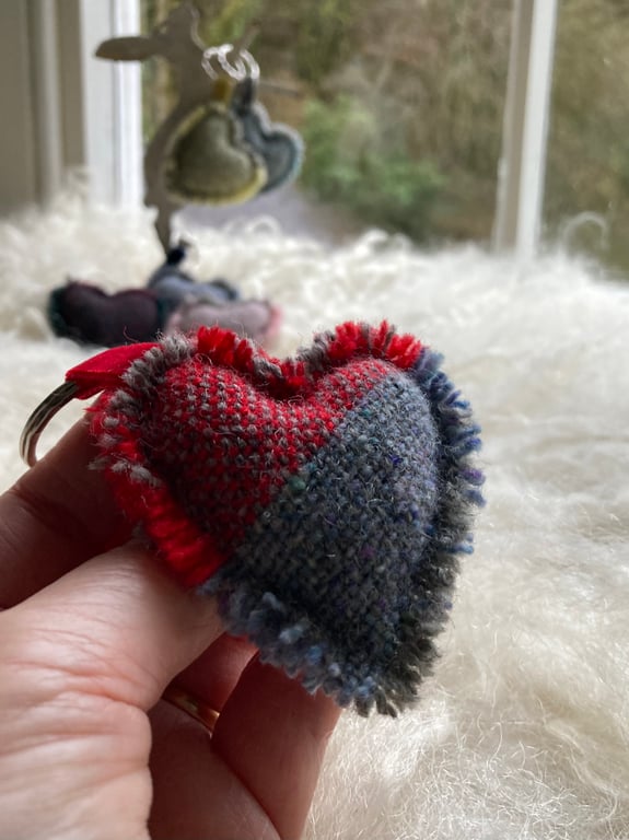 Heart Keyring - Red & Blue Donegal tweed wool. Handwoven in Wales