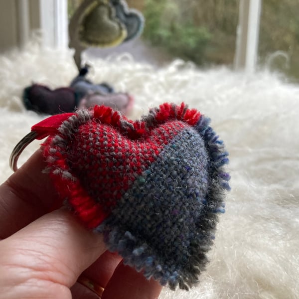Heart Keyring - Red & Blue Donegal tweed wool. Handwoven in Wales