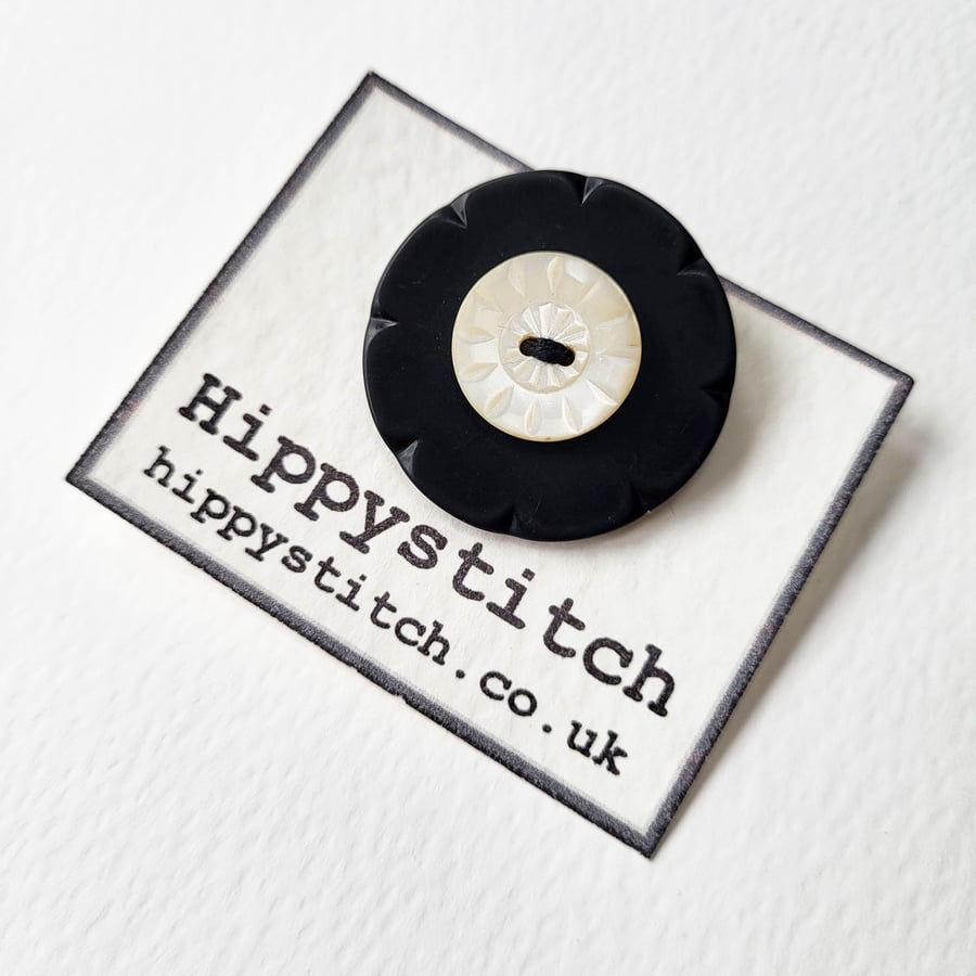 Black Flower & Mother of Pearl Vintage Button Brooch 