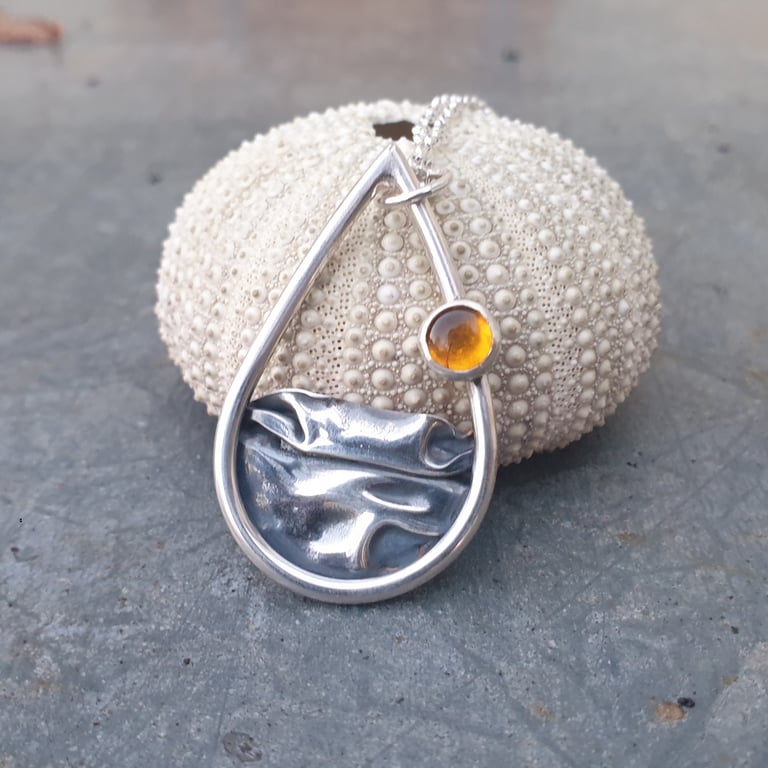 Silver sea mountains hills pendant with amber sun