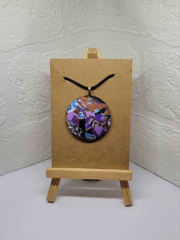 Polymer clay pendant necklace handmade jewellery 40 mm convex