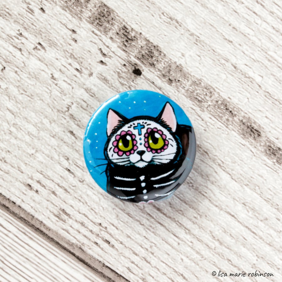 Day of the Dead Black Cat Badge - 25mm
