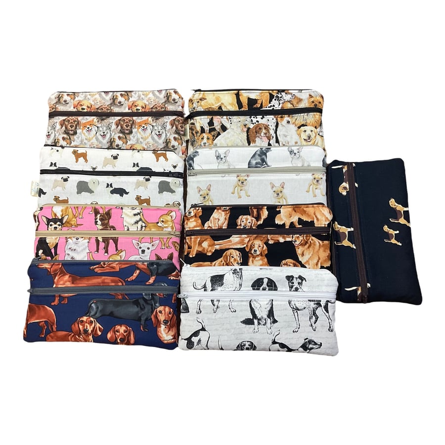 2 pocket zip pouch with dogs, double pocket case, glasses and phone holder, craf