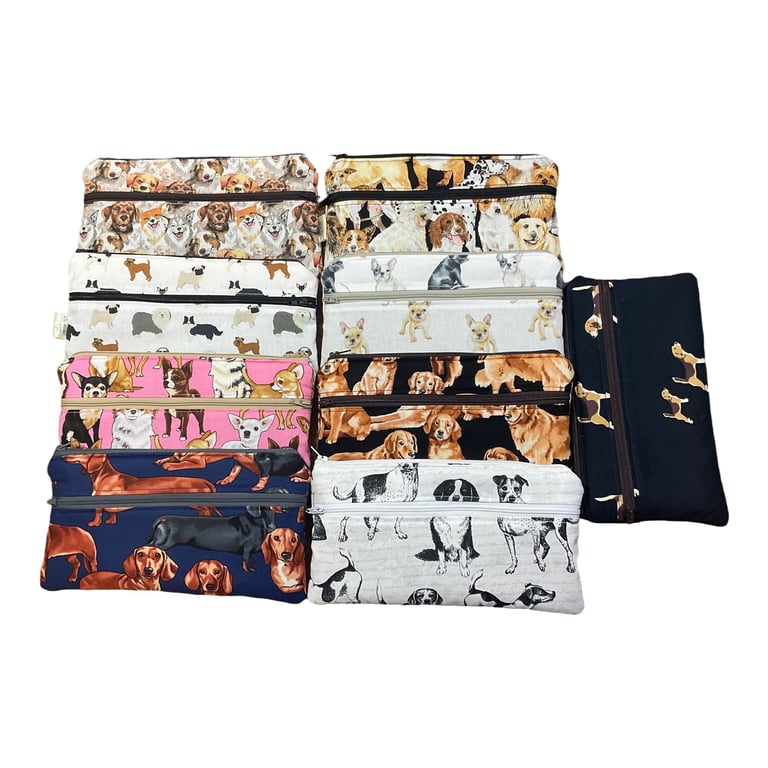 2 pocket zip pouch with dogs, double pocket case, glasses and phone holder, craf