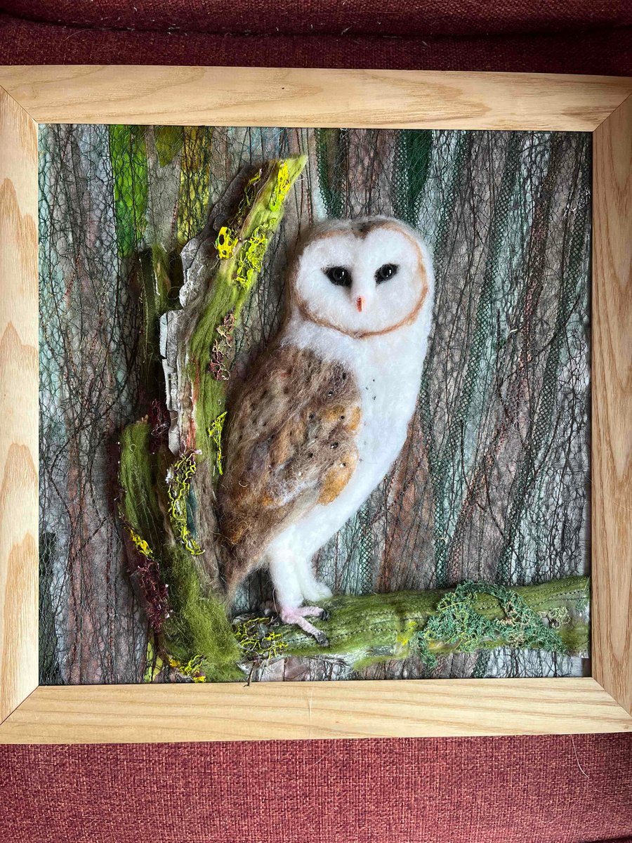 Barn owl needle felted in a mixed media picture.