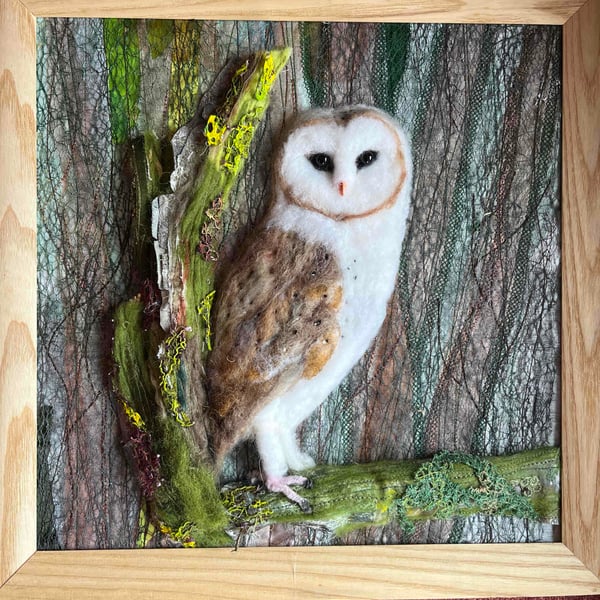 Barn owl needle felted in a mixed media picture.