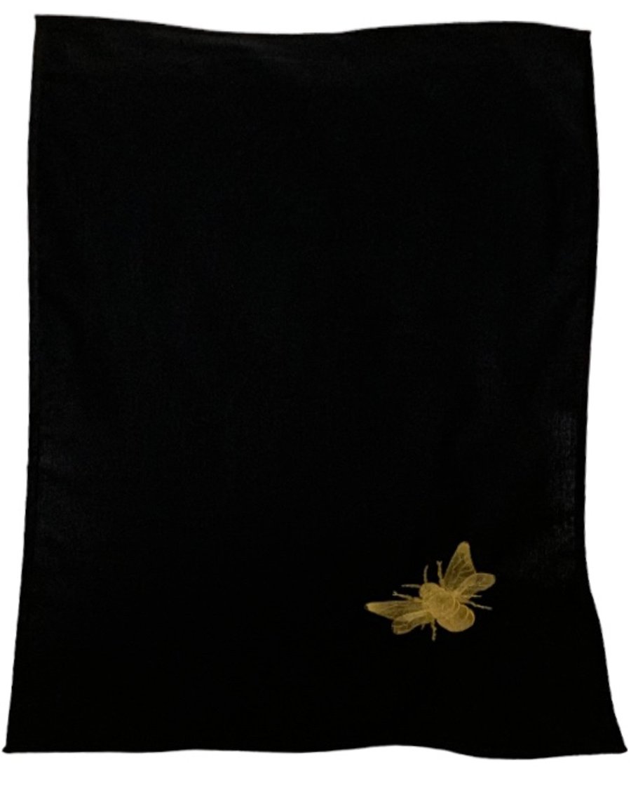 Gold Embroidered Bee, Large Black Tea Towel