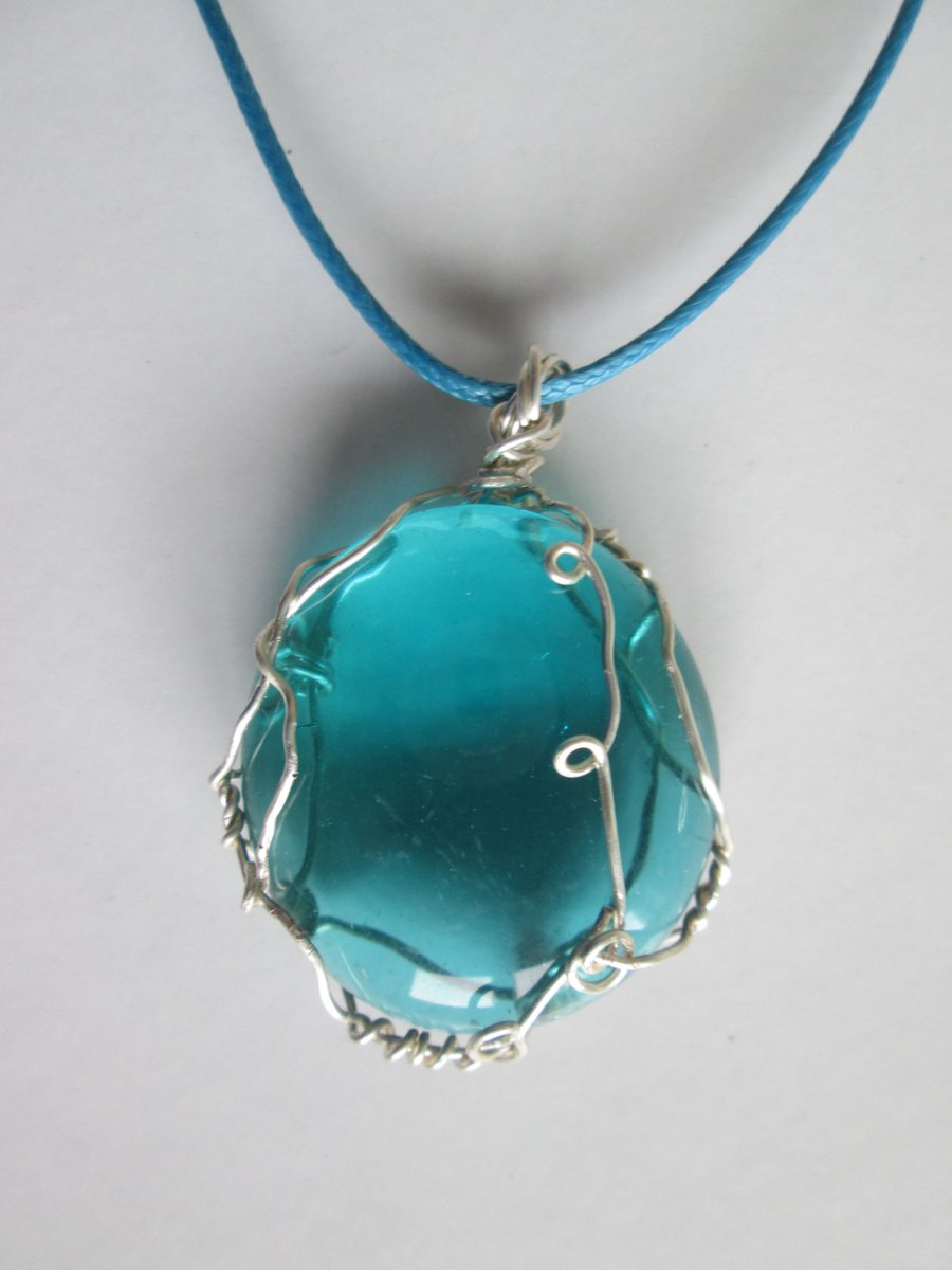 Turquoise Glass Silver plate Wrapped Stone Pendant. Jewellery