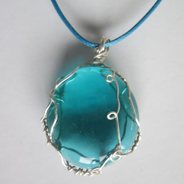 Turquoise Glass Silver plate Wrapped Stone Pendant. Jewellery