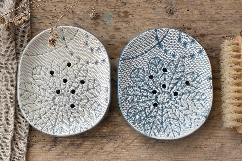 Soap Dish Handmade Ceramic Crochet Design choice of colours Grey or  Blue