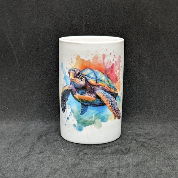 Decoupage, ceramic tooth brush holder-Tumbler with images of a Turtle