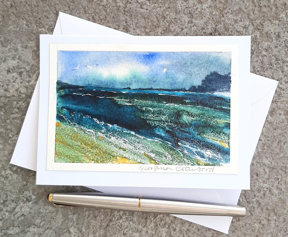 Ocean Moods. Handpainted Blank Card. Original Painting.  Paper Art. 