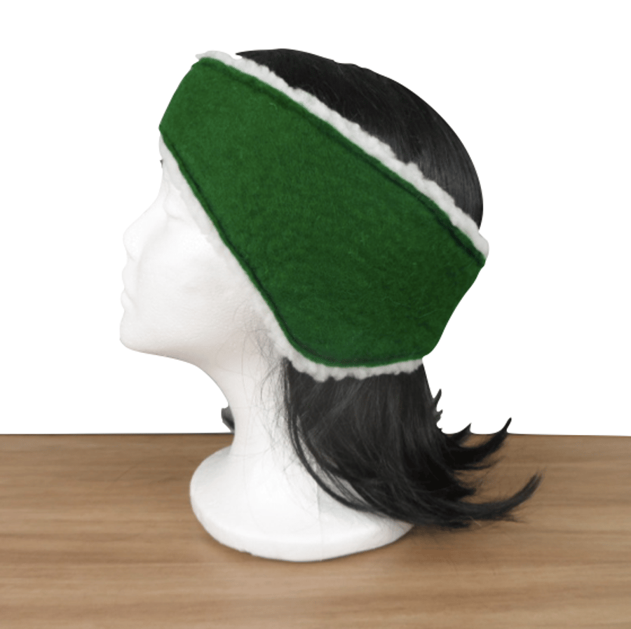 Ear warmer, ear muff or headband in green felt with sherpa fleece lining