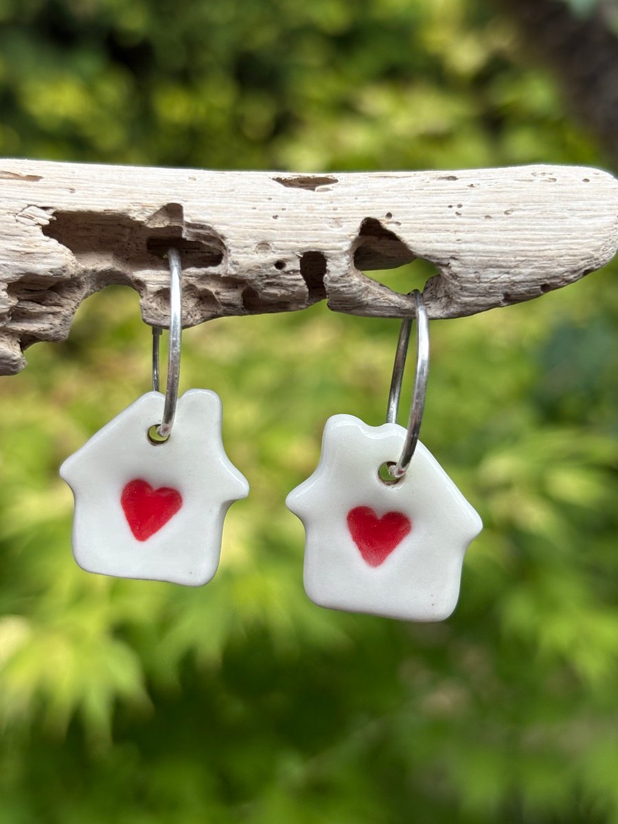 Sterling Silver Endless Hoop Earrings with Handmade Glazed Porcelain Heart House