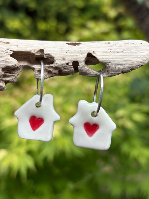 Sterling Silver Endless Hoop Earrings with Handmade Glazed Porcelain Heart House