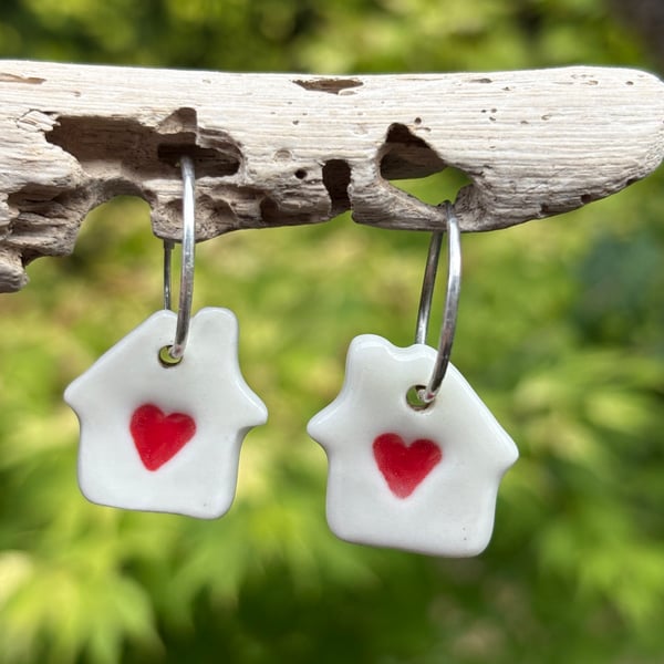 Sterling Silver Endless Hoop Earrings with Handmade Glazed Porcelain Heart House