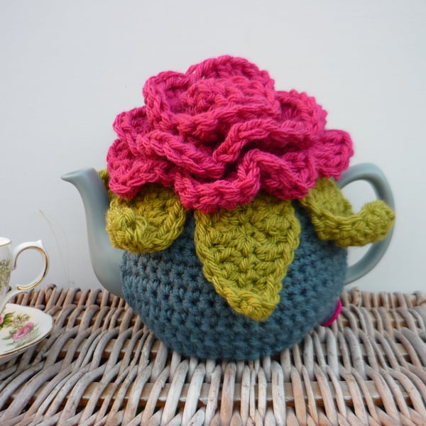Vintage inspired Tea Cosy with Large Blooming Crochet Flower On Top Granny Chic