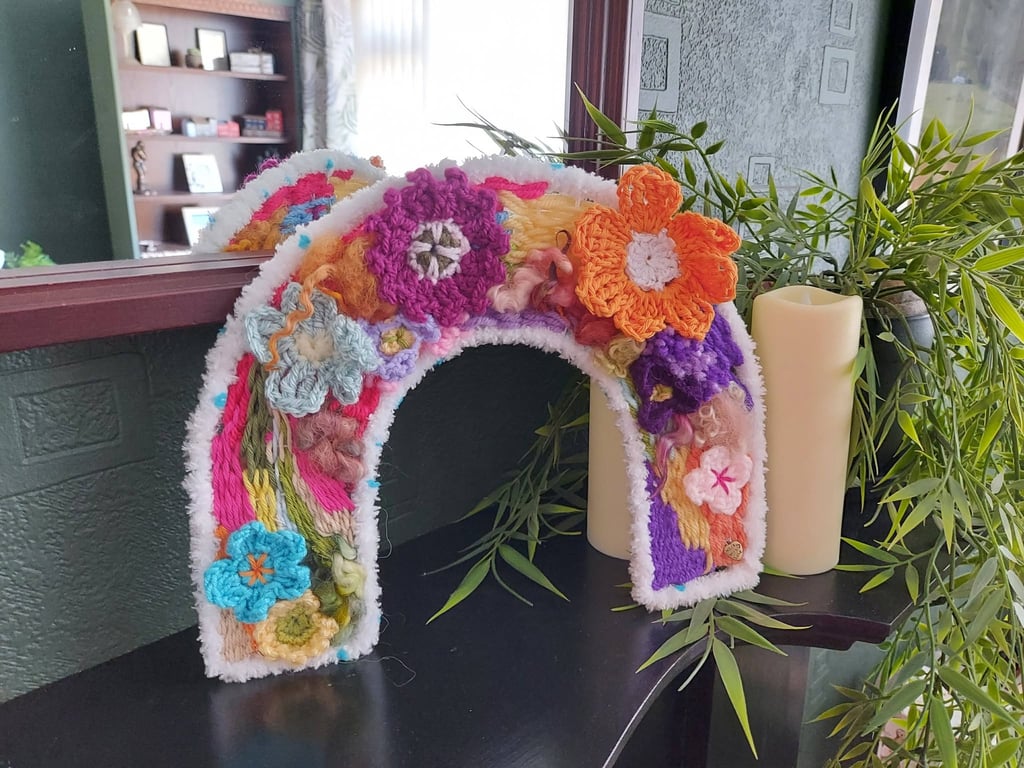 Arch Wall Hanging - Woven Fibre Art with Crocheted Flowers