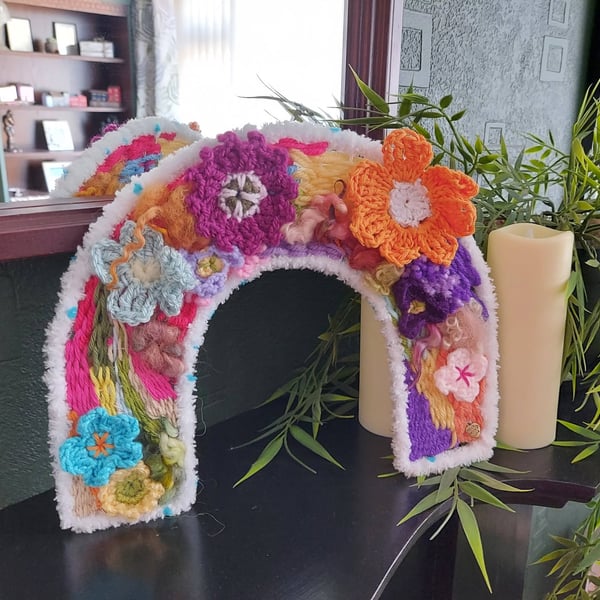 Arch Wall Hanging - Woven Fibre Art with Crocheted Flowers