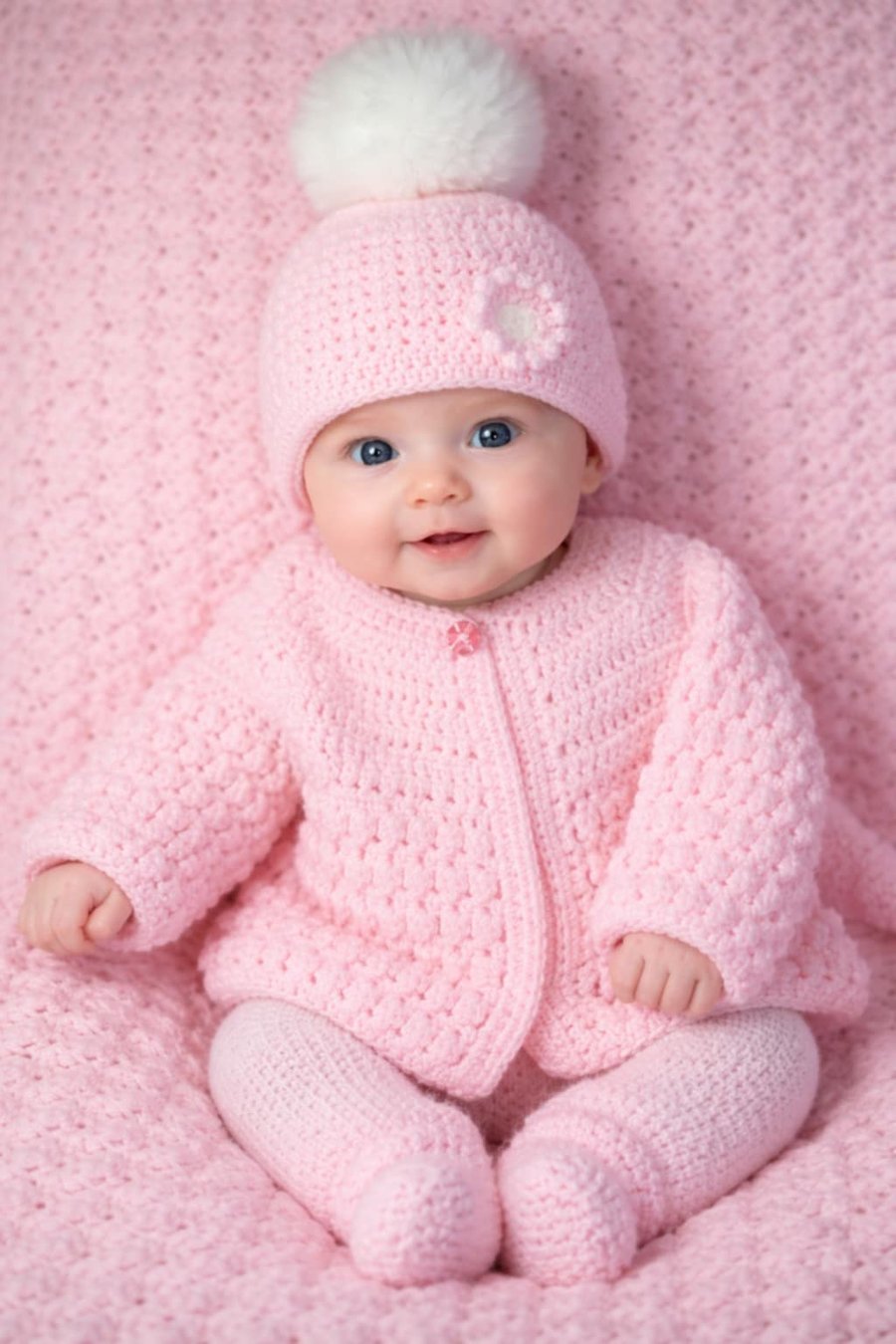 Handcrafted Cosy Pink Cardigan and Hat Set with Pom Pom for Baby Girl