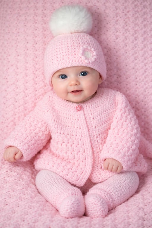 Handcrafted Cosy Pink Cardigan and Hat Set with Pom Pom for Baby Girl