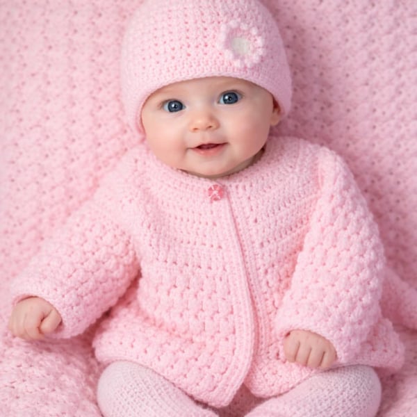 Handcrafted Cosy Pink Cardigan and Hat Set with Pom Pom for Baby Girl