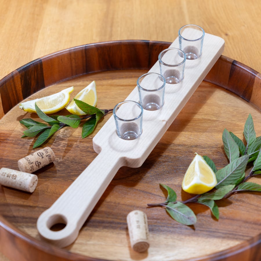 Maple Shot Glass Server, Handmade 4 Shot Glass Tray, Wooden Serving Board with G