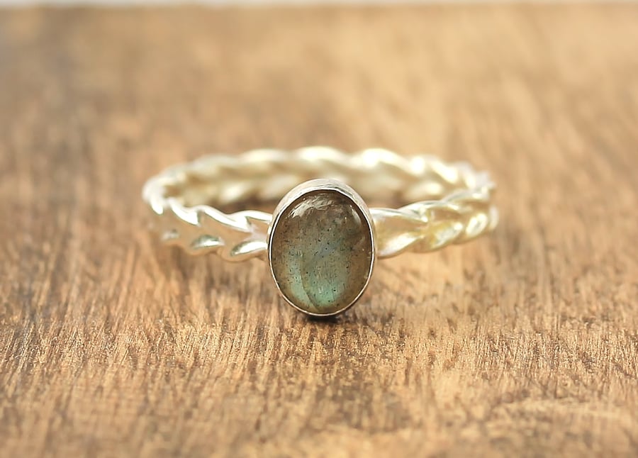 Labradorite Stacking Ring - Silver Labradorite Ring - Labradorite Wheat Ring