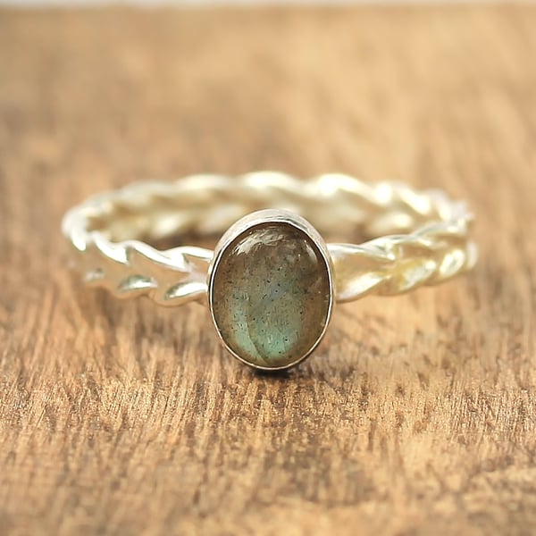 Labradorite Stacking Ring - Silver Labradorite Ring - Labradorite Wheat Ring
