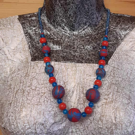 Turquoise and poppy red chunky necklace