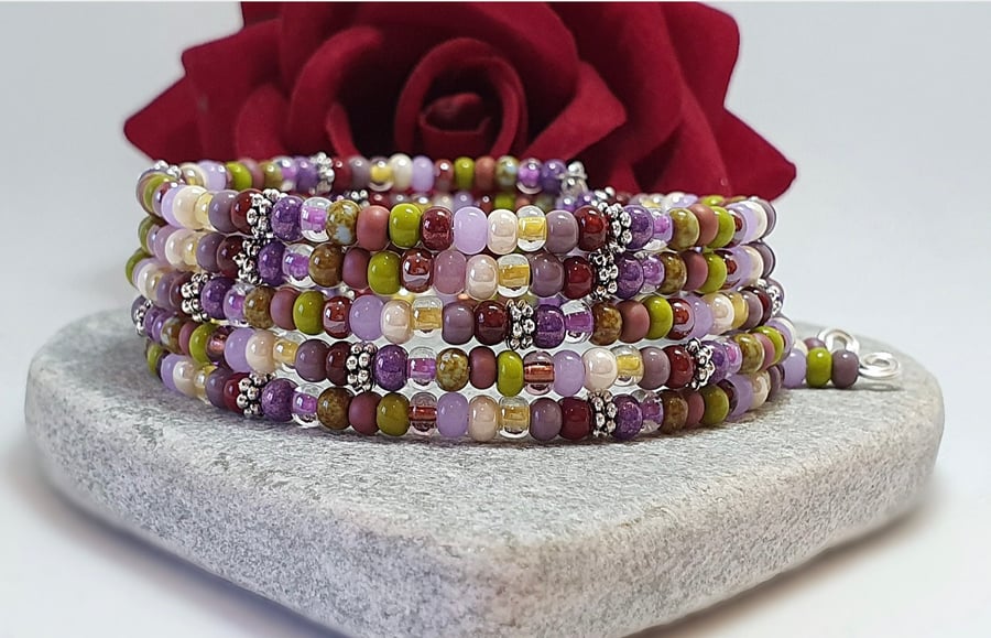 Purple beaded memory wire wrap bracelet