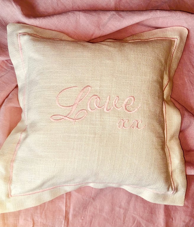 LOVE in the Pink. Keepsake Embroidered Linen Cushion (40 cms x 40 cms)