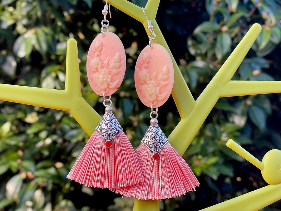 CAMEO TASSEL EARRINGS Blush pink fringe silk resin floral cool gift for her art 