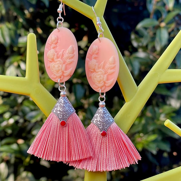 CAMEO TASSEL EARRINGS Blush pink fringe silk resin floral cool gift for her art 