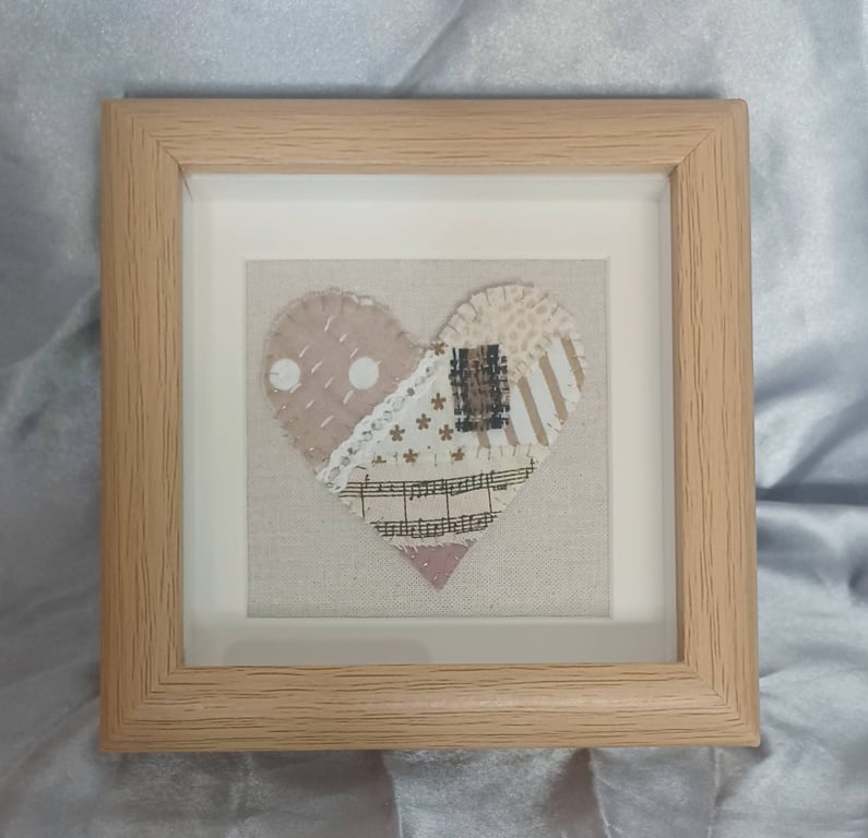 Coffee and Cream Patchwork Heart in a Wood Effect Frame