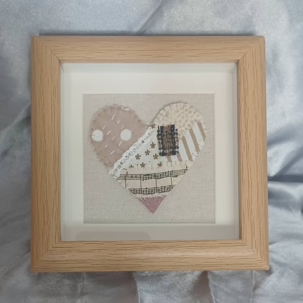 Coffee and Cream Patchwork Heart in a Wood Effect Frame