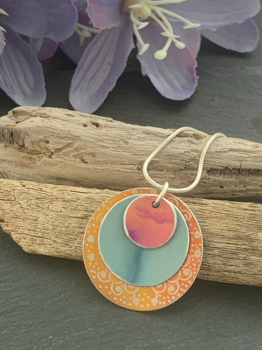 Water colour collection - hand painted aluminium pendant, Orange and duck egg 
