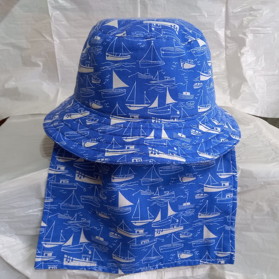 Bucket Hat - Sailing Boats on blue colour background, with detachable neck shade