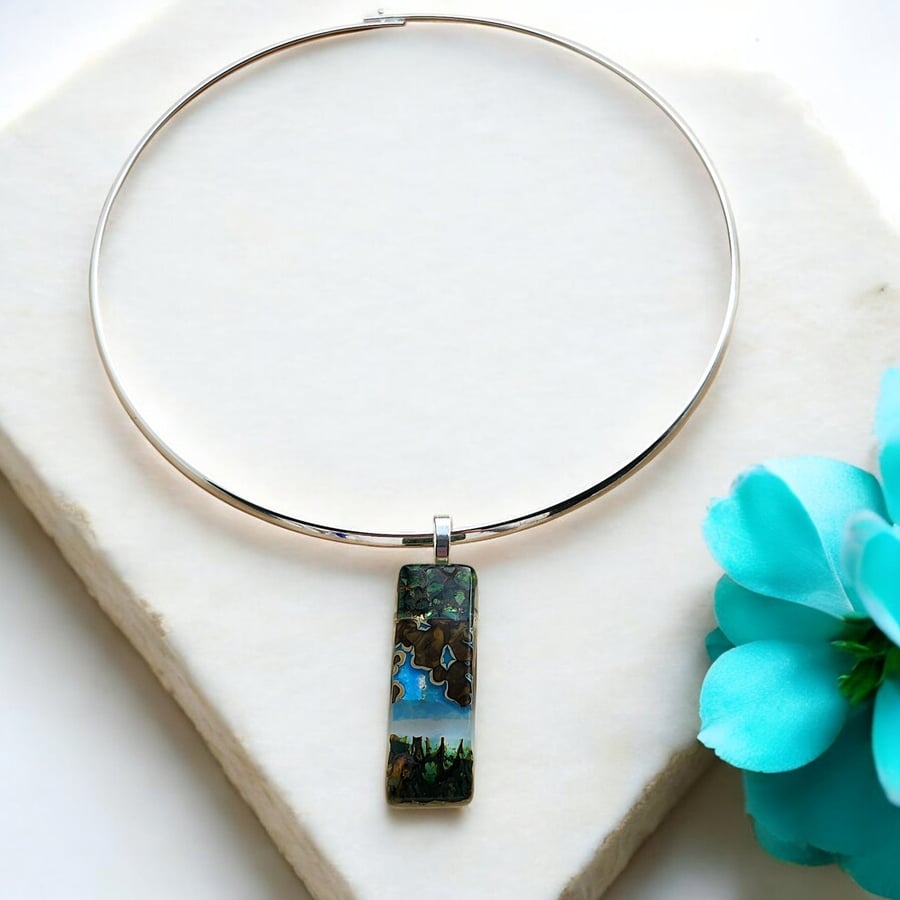 Fused Glass Necklace, Pendant Silver Leaf