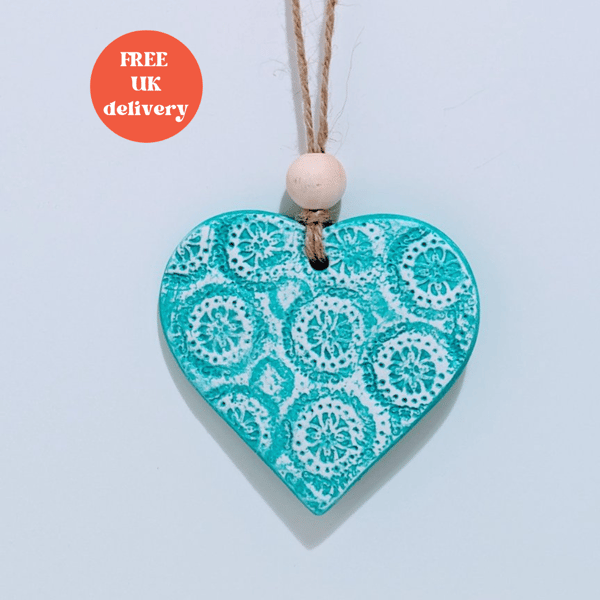 Clay heart hanging decoration, mint green, letterbox gift for her