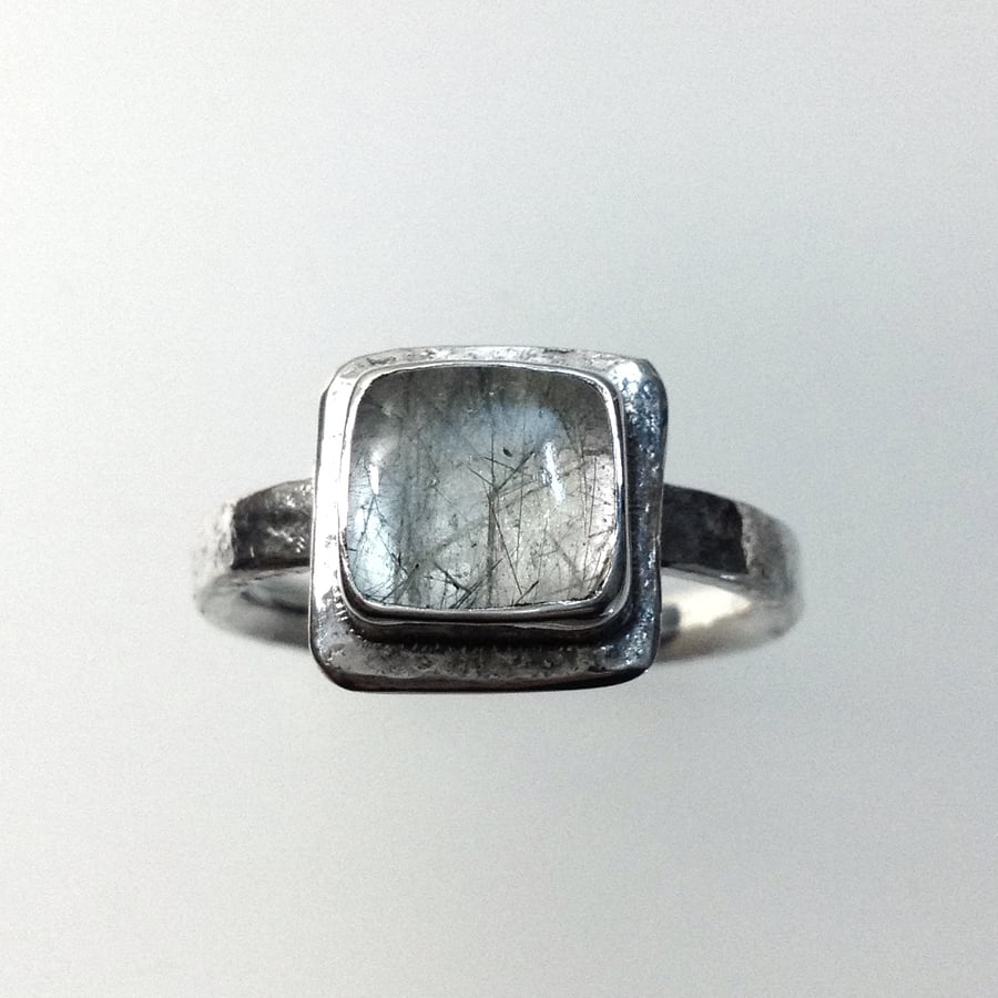 Sterling silver ring with square rutile quartz size N