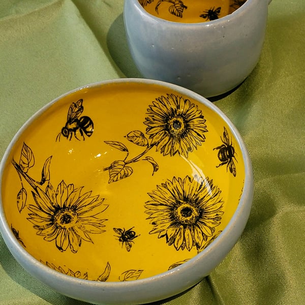 Yellow and blue sunflowers and bees breakfast set mug and bowl handmade pottery