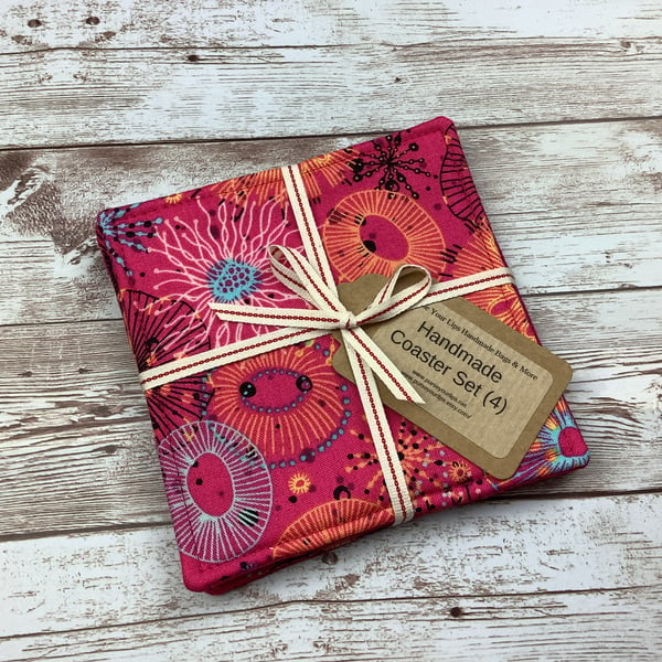 Jellyfish coaster set, Pink fabric coaster set of 4, Handmade