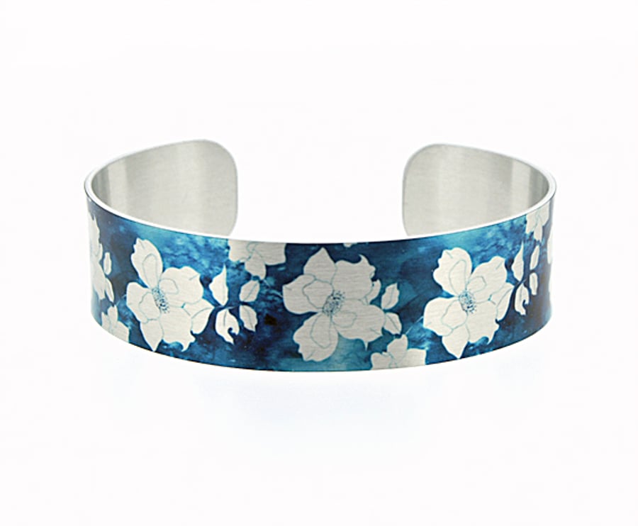 Blue cuff bracelet, brushed silver aluminium jewellery bangle with roses. B519