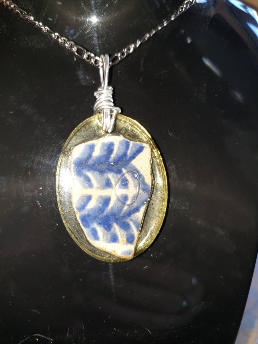 Blue Herring Bone Patterned Mudlarking Pendant