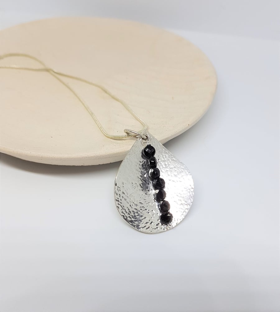Hammered Sterling Silver Teardrop with Black Spinel Coin Bead Pendant