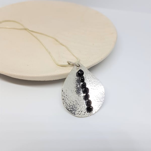 Hammered Sterling Silver Teardrop with Black Spinel Coin Bead Pendant